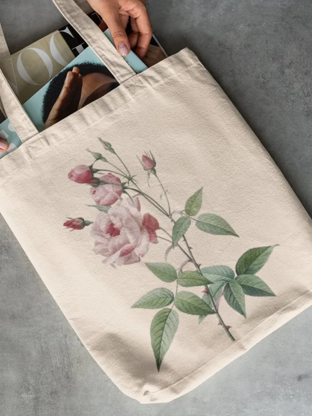 China Rose Vintage Floral Print Graphic Canvas Tote Bag